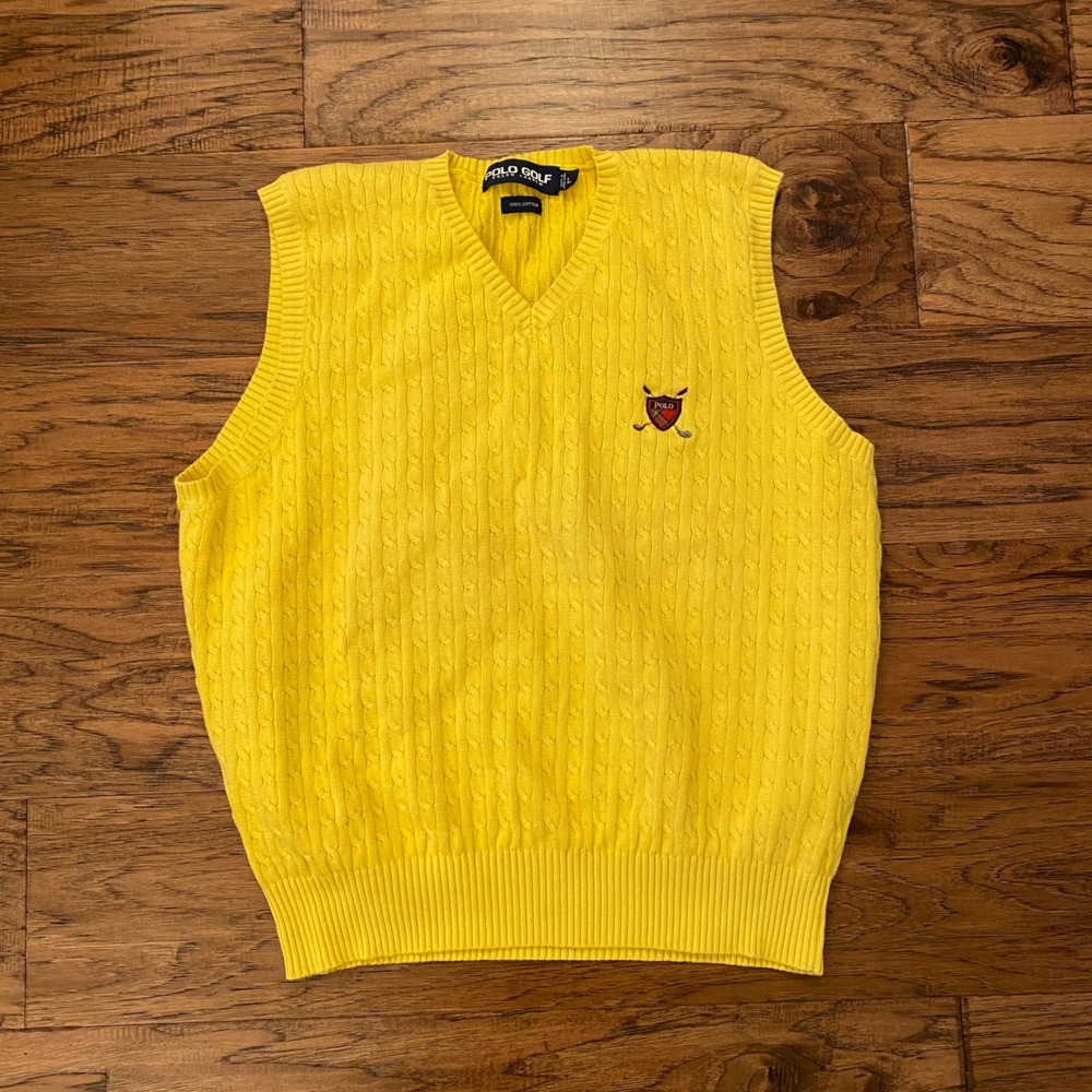 Polo Golf Ralph Lauren Sweater Vest Mens Large Yellow Cable Knit V-Neck Cotton
